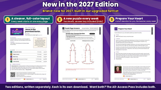 New in the Advent for Kids 2027 Edition: the full-color Week 1 lesson overview page, a puzzle answer key with two levels, and the Prepare Your Heart teacher devotion, from the Kids edition (ages 6 to 12)