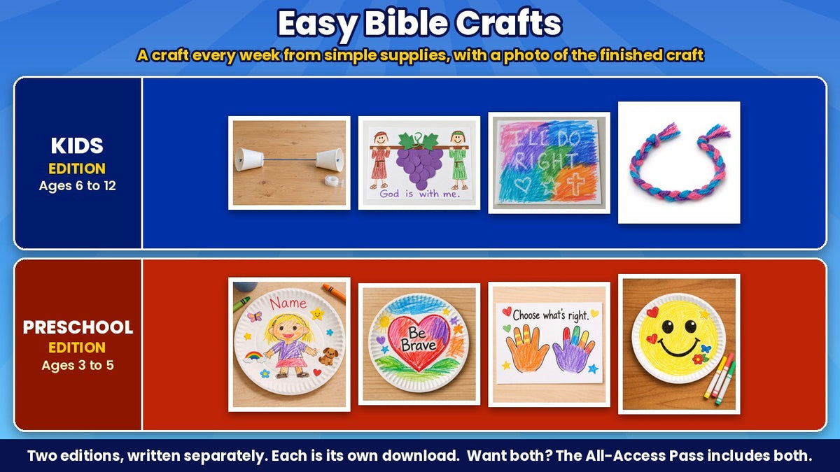 Finished Bible crafts from the All Stars 4-week Sunday school curriculum, Kids edition (ages 6 to 12) and Preschool edition (ages 3 to 5)
