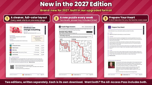 New in the Be Mine 2027 Edition: the full-color Week 1 lesson overview page, a puzzle answer key with two levels, and the Prepare Your Heart teacher devotion, from the Kids edition (ages 6 to 12), King James Version