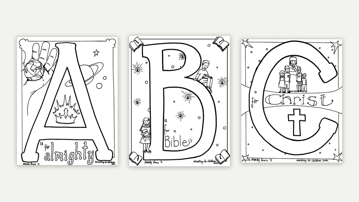 Bible alphabet coloring pages sample: A is for Almighty, B is for the Bible, C is for Christ