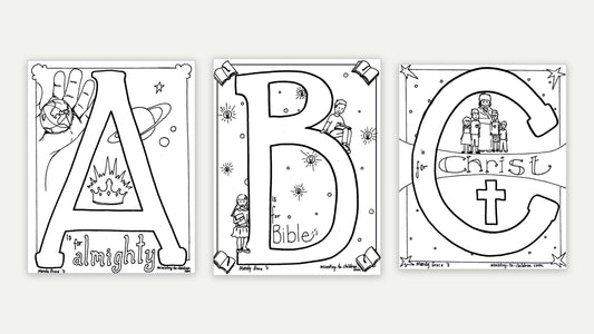 Bible alphabet coloring pages sample: A is for Almighty, B is for the Bible, C is for Christ