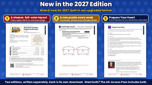 New in the Built Different 2027 Edition: the full-color Week 1 lesson overview page, a puzzle answer key with two levels, and the Prepare Your Heart teacher devotion, from the Kids edition (ages 6 to 12), King James Version