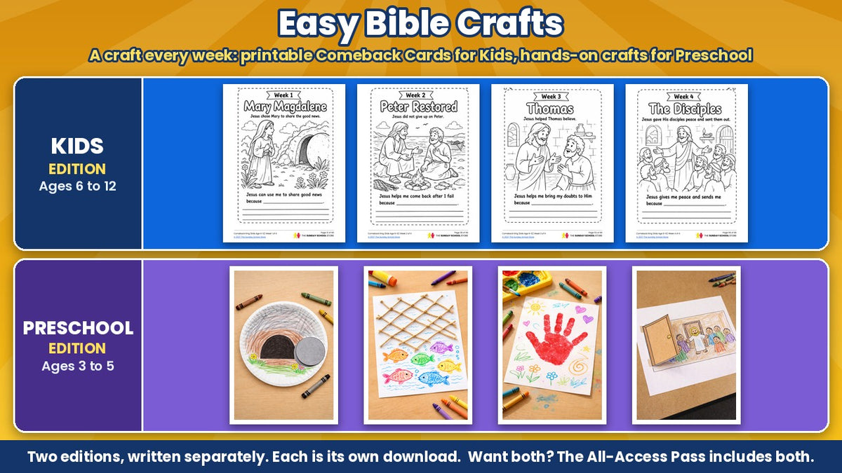 Kids Comeback Card crafts and finished preschool Bible crafts from the Come Back King 4-week Easter Sunday school curriculum