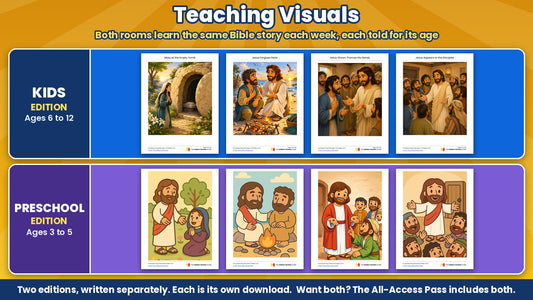 Teaching visuals from the Come Back King 4-week Easter Sunday school curriculum, Kids edition (ages 6 to 12) and Preschool edition (ages 3 to 5), sold separately
