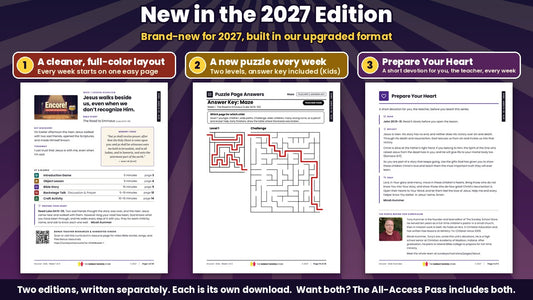 New in the Encore! 2027 Edition: the full-color Week 1 lesson overview page, a puzzle answer key with two levels, and the Prepare Your Heart teacher devotion, from the Kids edition (ages 6 to 12), King James Version