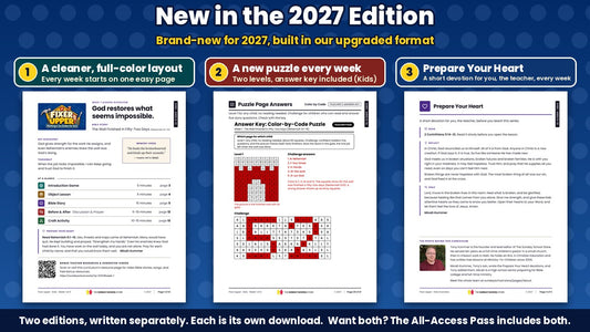 New in the Fixer Upper 2027 Edition: the full-color Week 1 lesson overview page, a puzzle answer key with two levels, and the Prepare Your Heart teacher devotion, from the Kids edition (ages 6 to 12)