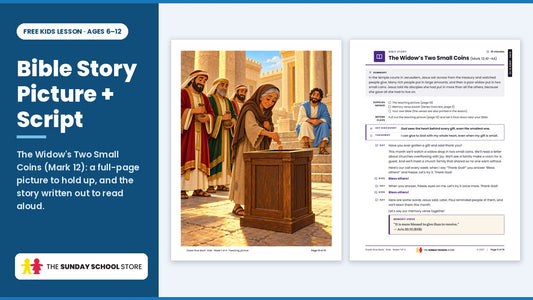 Bible story picture and script from the free giving (Widow's Offering) Sunday school lesson for kids ages 6 to 12