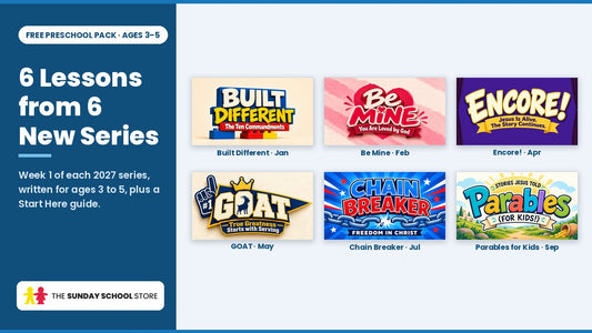 Title graphics of the six series in the free Preschool pack: Built Different, Be Mine, Encore!, GOAT, Chain Breaker and Parables for Kids