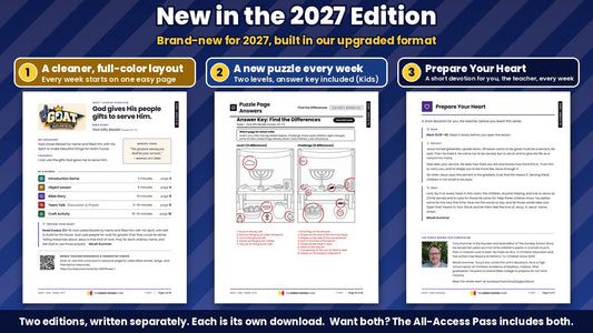 New in the GOAT 2027 Edition: the full-color Week 1 lesson overview page, a puzzle answer key with two levels, and the Prepare Your Heart teacher devotion, from the Kids edition (ages 6 to 12)
