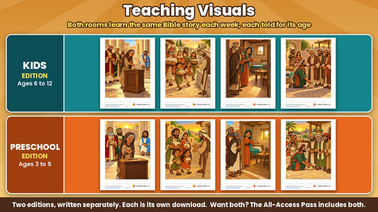 Great Give Back teaching visuals: color Bible story pictures for all 4 weeks, Kids edition (ages 6 to 12) and Preschool edition (ages 3 to 5) shown separately