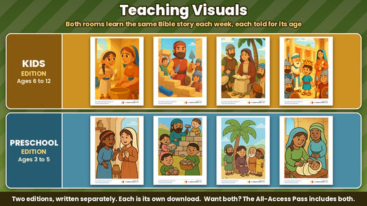 Teaching visuals from the Hero Academy 4-week Bible heroes Sunday school curriculum, Kids edition (ages 6 to 12) and Preschool edition (ages 3 to 5), sold separately