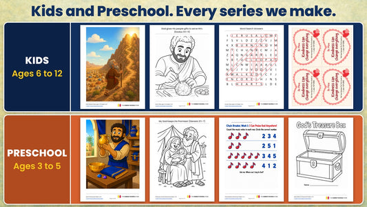All-Access Pass: Kids and Preschool, every series we make. Kids edition, ages 6 to 12: a Bible teaching picture, a coloring page, a solved word search and a craft printable. Preschool edition, ages 3 to 5: a teaching picture, a coloring page, a counting activity sheet and a craft page.