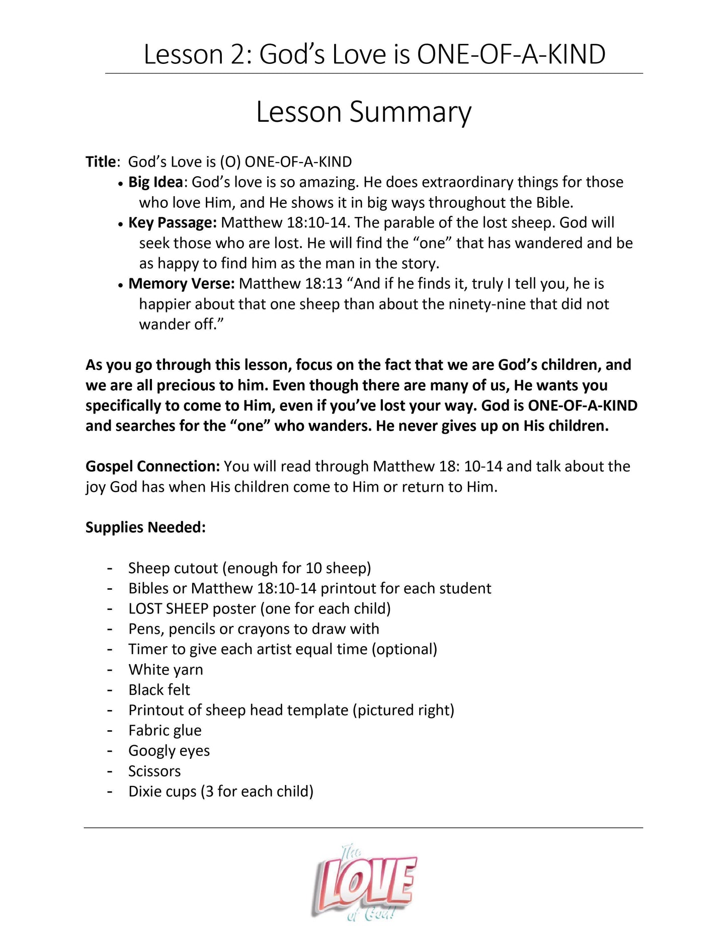 God's Love is ONE-OF-A-KIND (Free Sample Lesson) The LOVE of God Curriculum - Sunday School Store