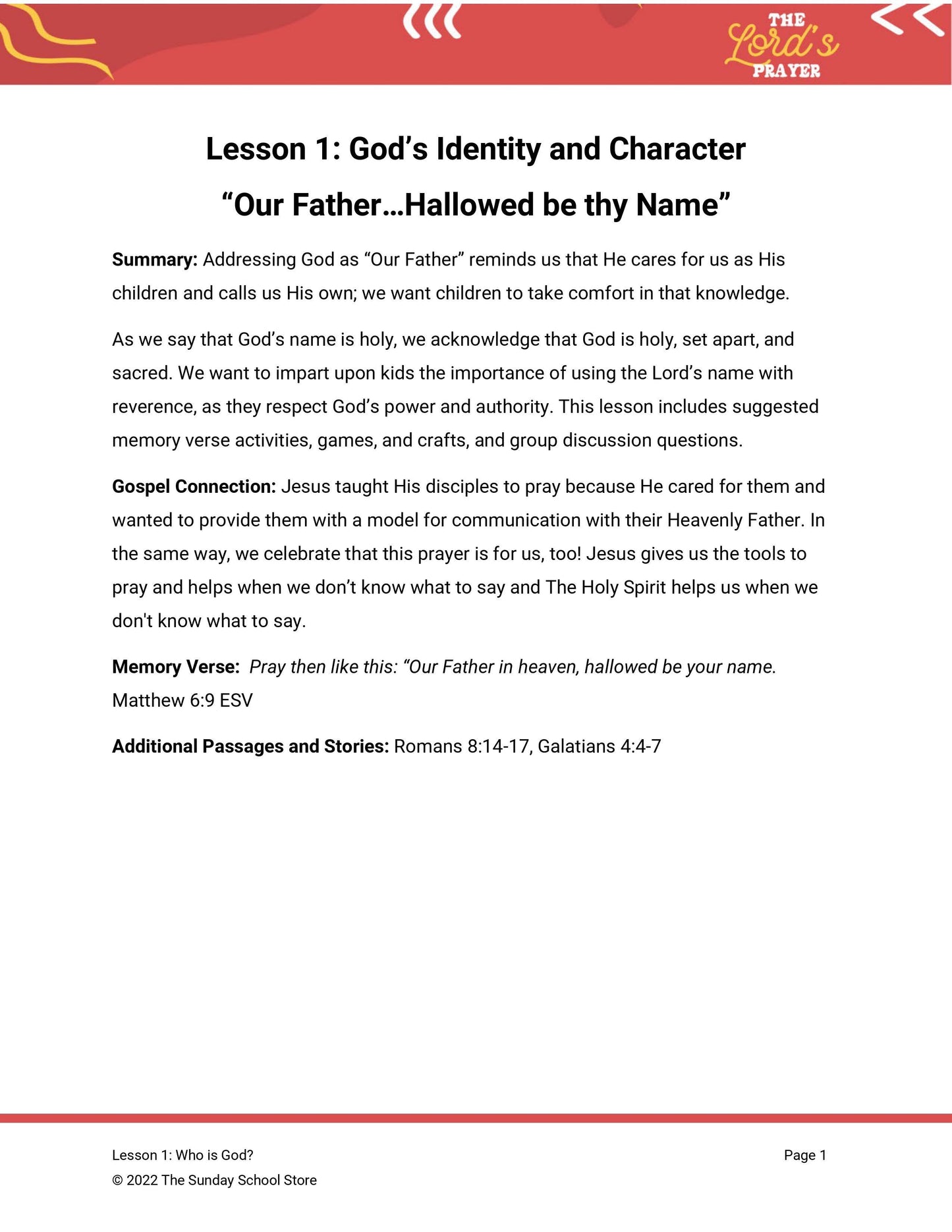 "Our Father" Free Lesson for Kids on the Lord's Prayer - Sunday School Store