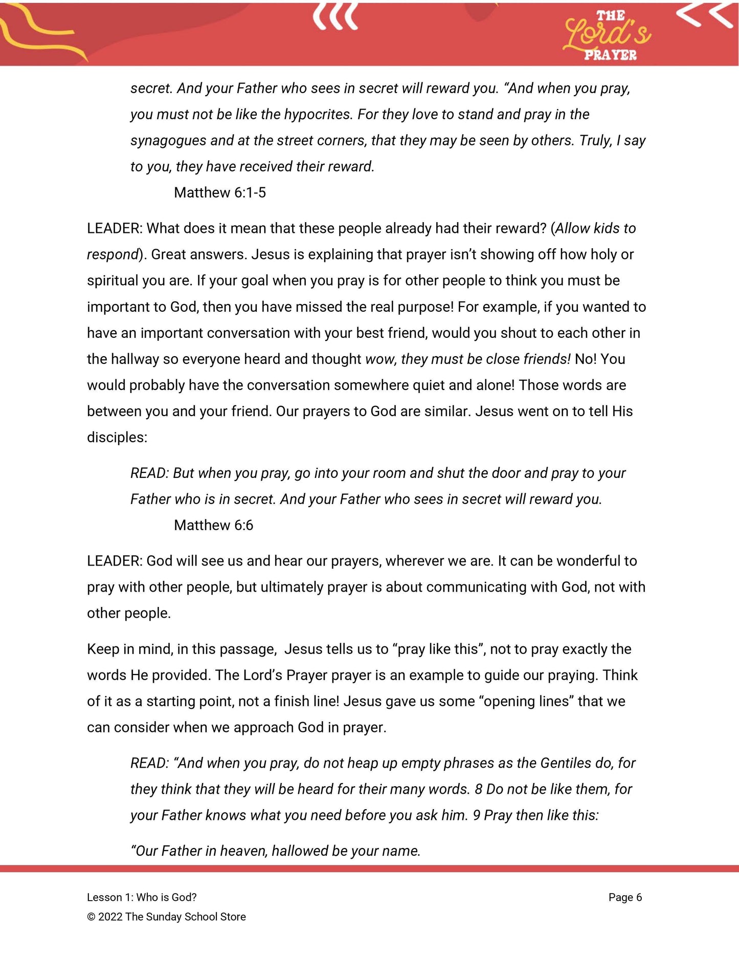 "Our Father" Free Lesson for Kids on the Lord's Prayer - Sunday School Store