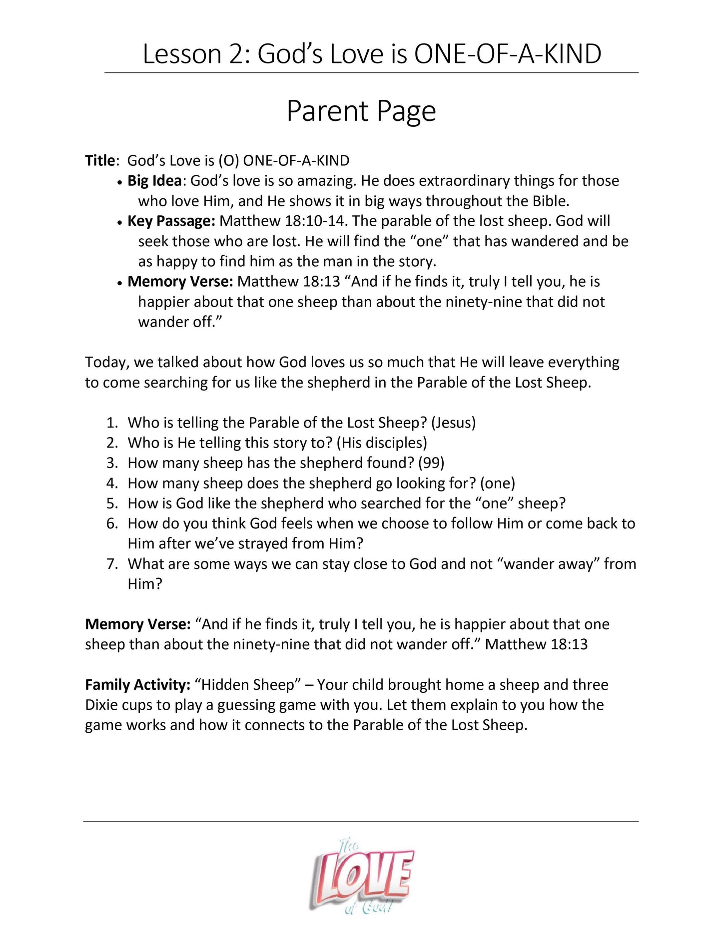 God's Love is ONE-OF-A-KIND (Free Sample Lesson) The LOVE of God Curriculum - Sunday School Store