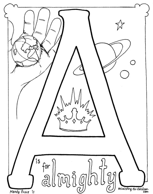 Bible alphabet coloring page - A is for Almighty