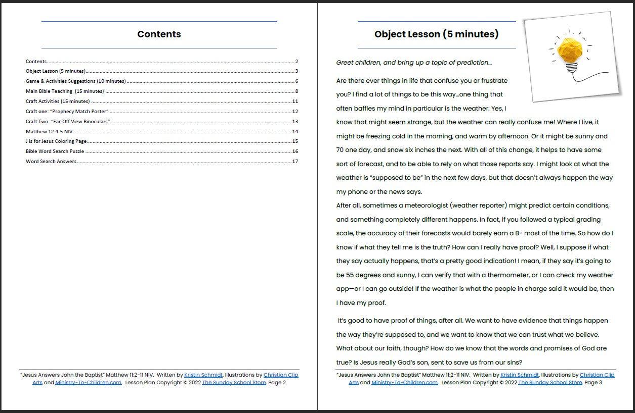 Jesus Answers John the Baptist (Matthew 11:2-11) Printable Bible Lesson & Sunday School Activities