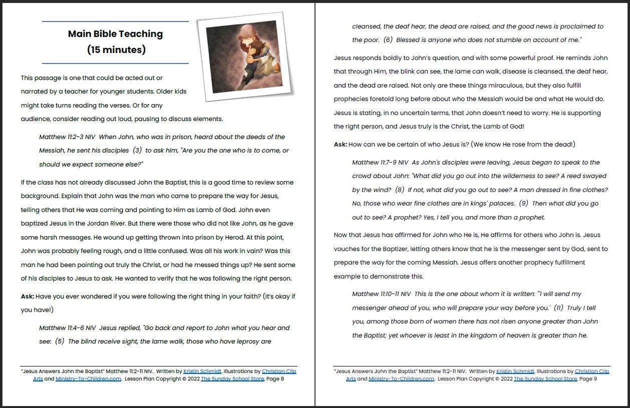 Jesus Answers John the Baptist (Matthew 11:2-11) Printable Bible Lesson & Sunday School Activities