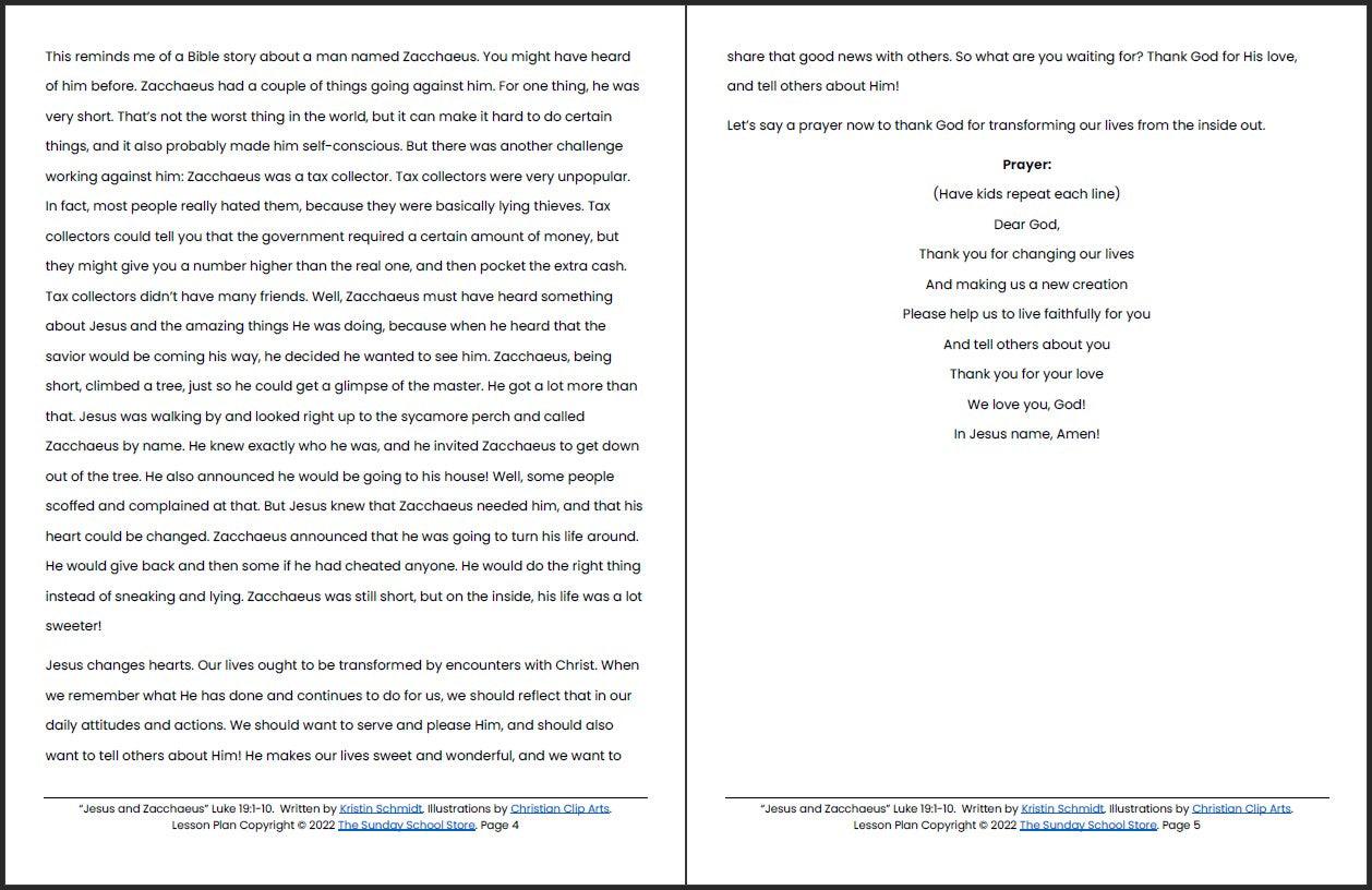Jesus and Zacchaeus (Luke 19:1-10) Printable Bible Lesson & Sunday School Activities - Sunday School Store