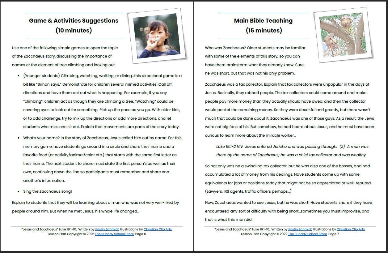 Jesus and Zacchaeus (Luke 19:1-10) Printable Bible Lesson & Sunday School Activities - Sunday School Store