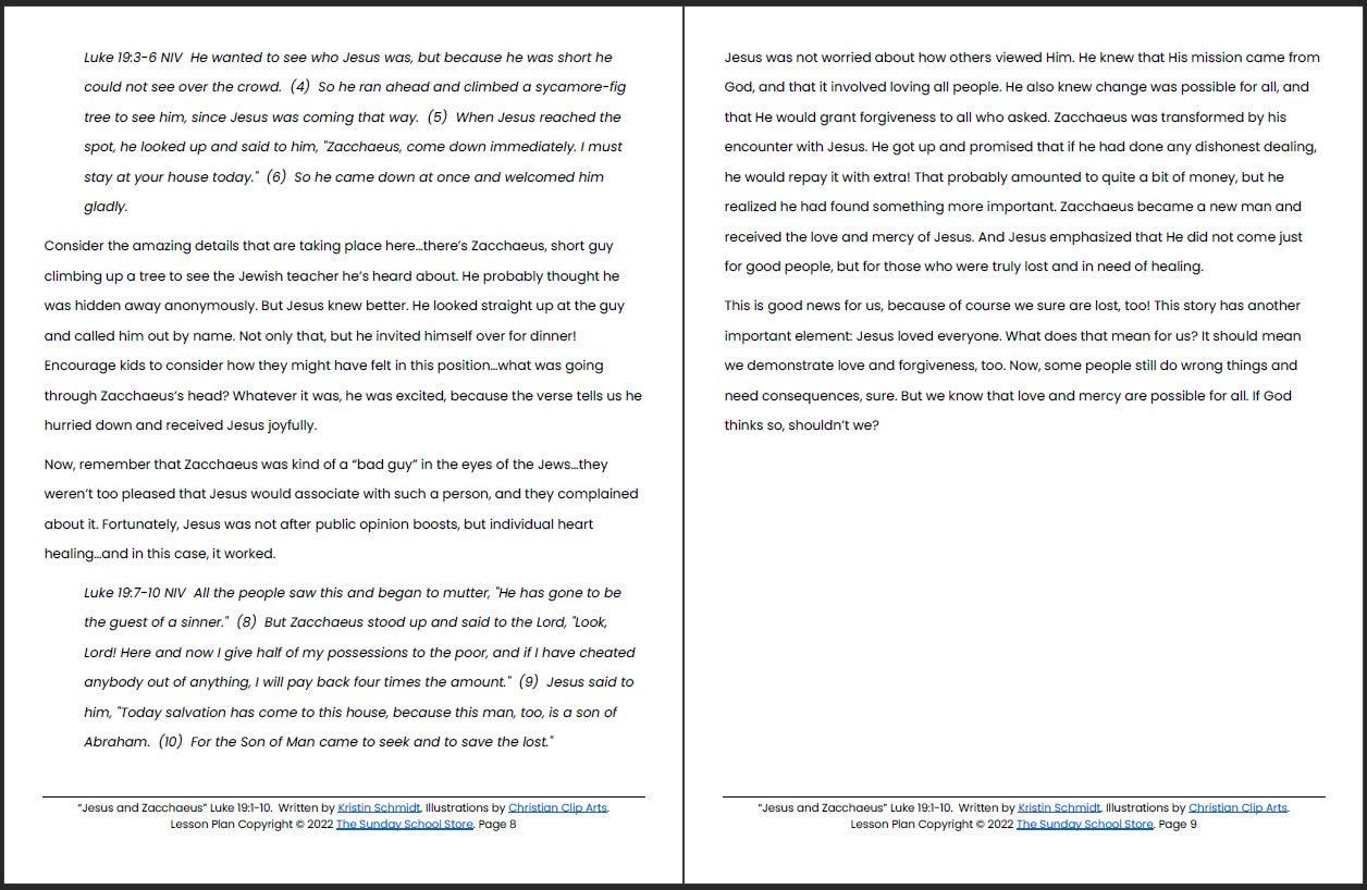Jesus and Zacchaeus (Luke 19:1-10) Printable Bible Lesson & Sunday School Activities - Sunday School Store