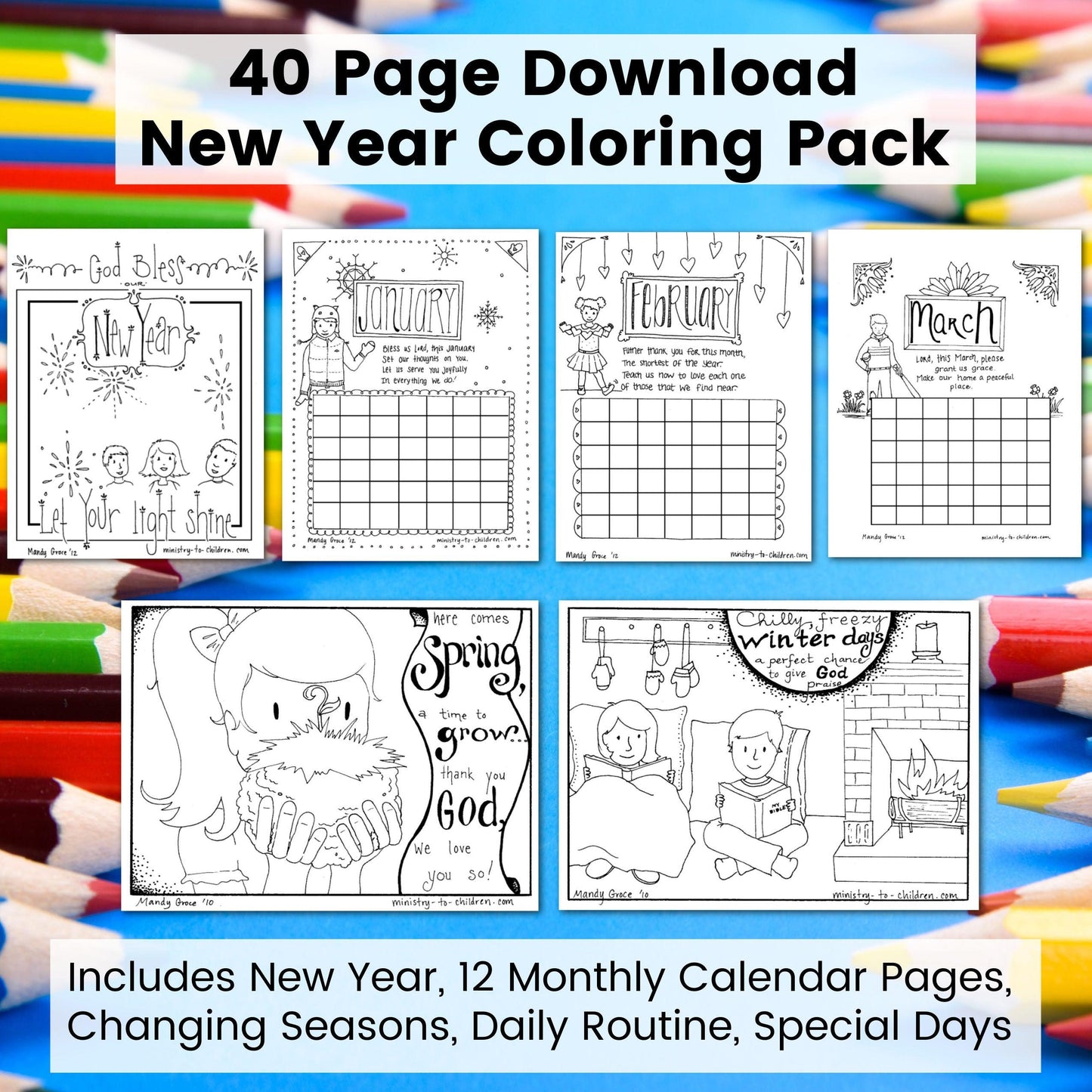 New Year Coloring Pages - Calendar, Seasons, and Daily Routine - 40 Page Download - Sunday School Store