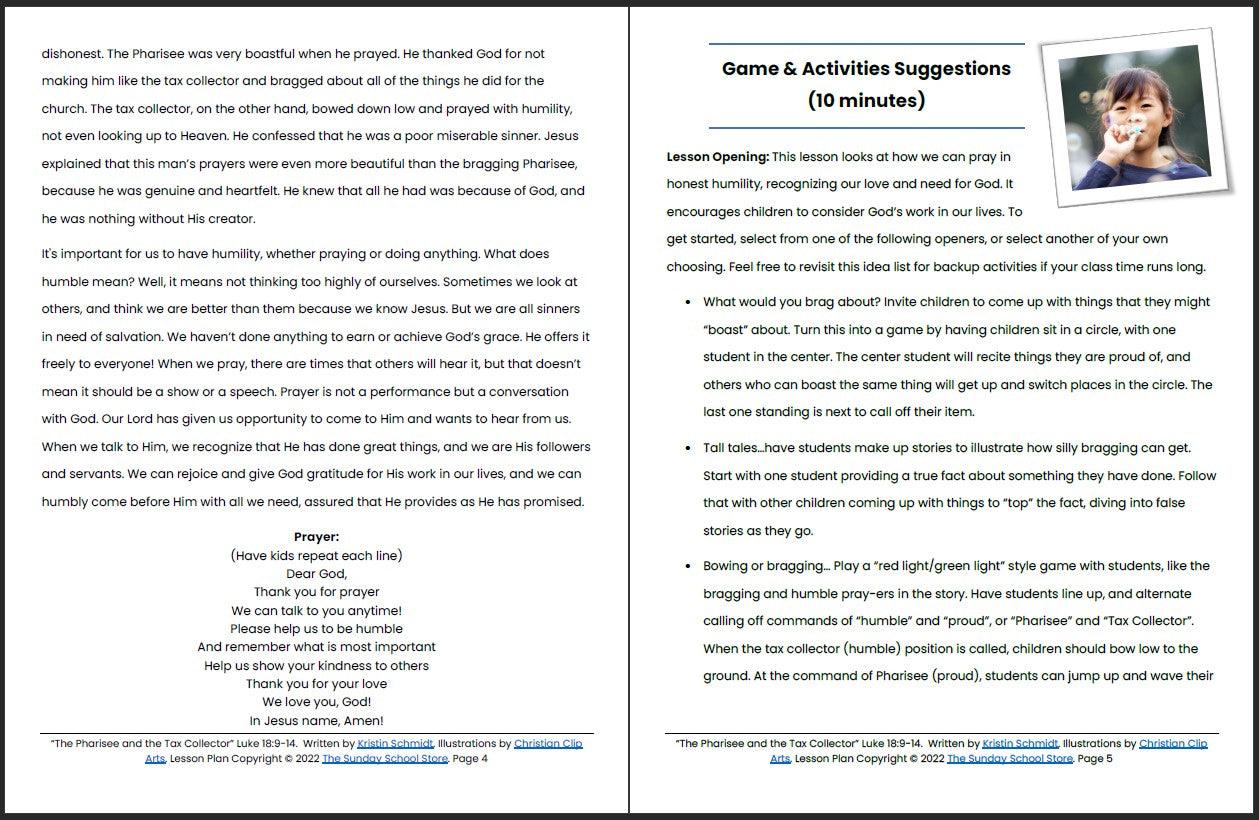 The Pharisee and the Tax Collector (Luke 18:9-14) Printable Bible Lesson & Sunday School Activities - Sunday School Store