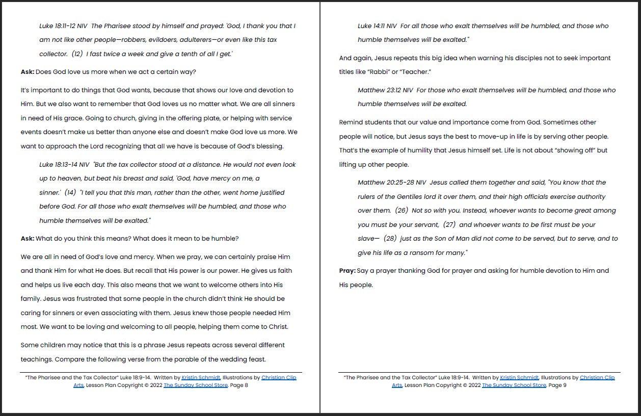 The Pharisee and the Tax Collector (Luke 18:9-14) Printable Bible Lesson & Sunday School Activities - Sunday School Store