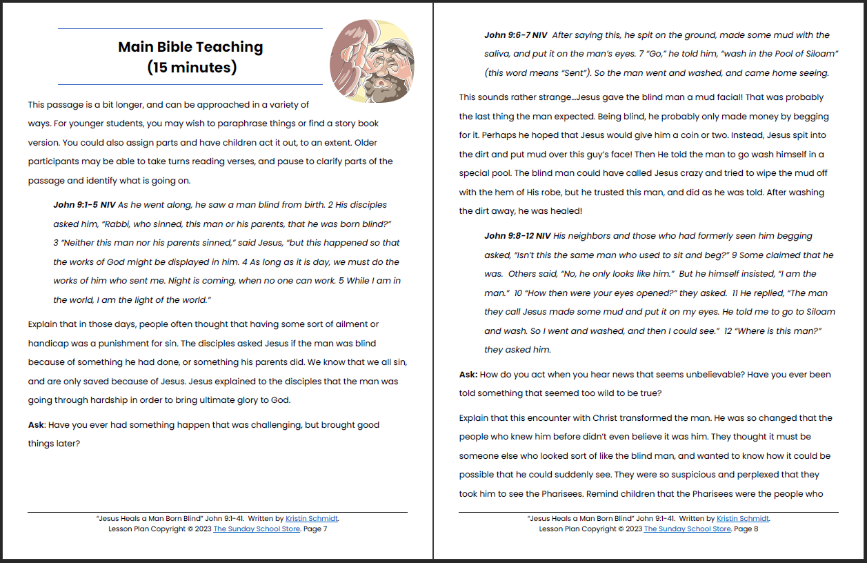 Jesus Heals the Man Born Blind (John 9) Printable Bible Lesson & Sunday School Activities