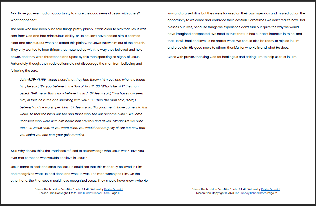 Jesus Heals the Man Born Blind (John 9) Printable Bible Lesson & Sunday School Activities