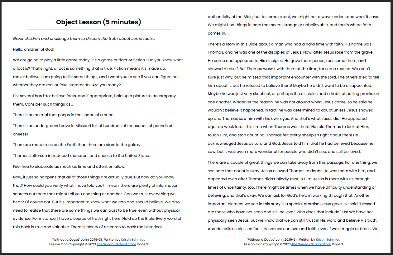 Learning from Doubting Thomas (John 20:19-31) Printable Bible Lesson & Sunday School Activities
