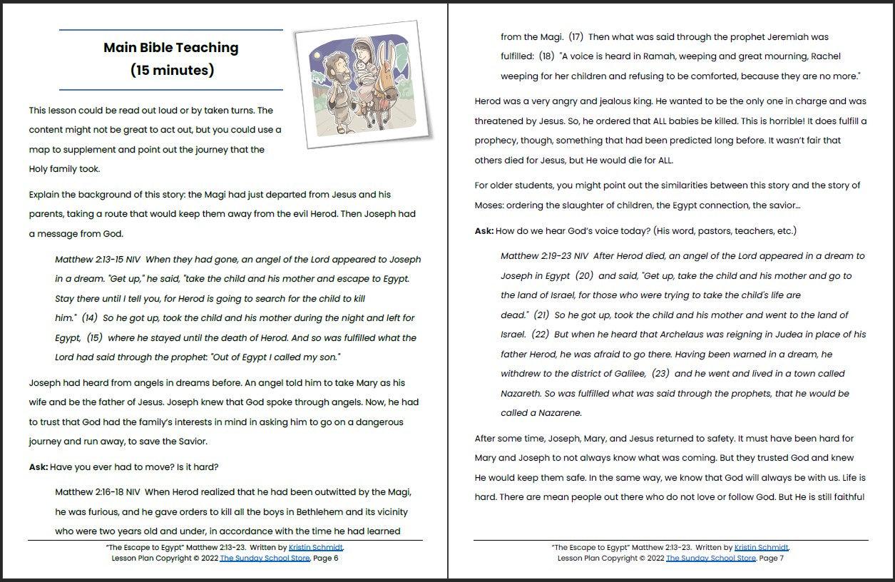 The Escape to Egypt (Matthew 2:13-23) Printable Bible Lesson & Sunday School Activities