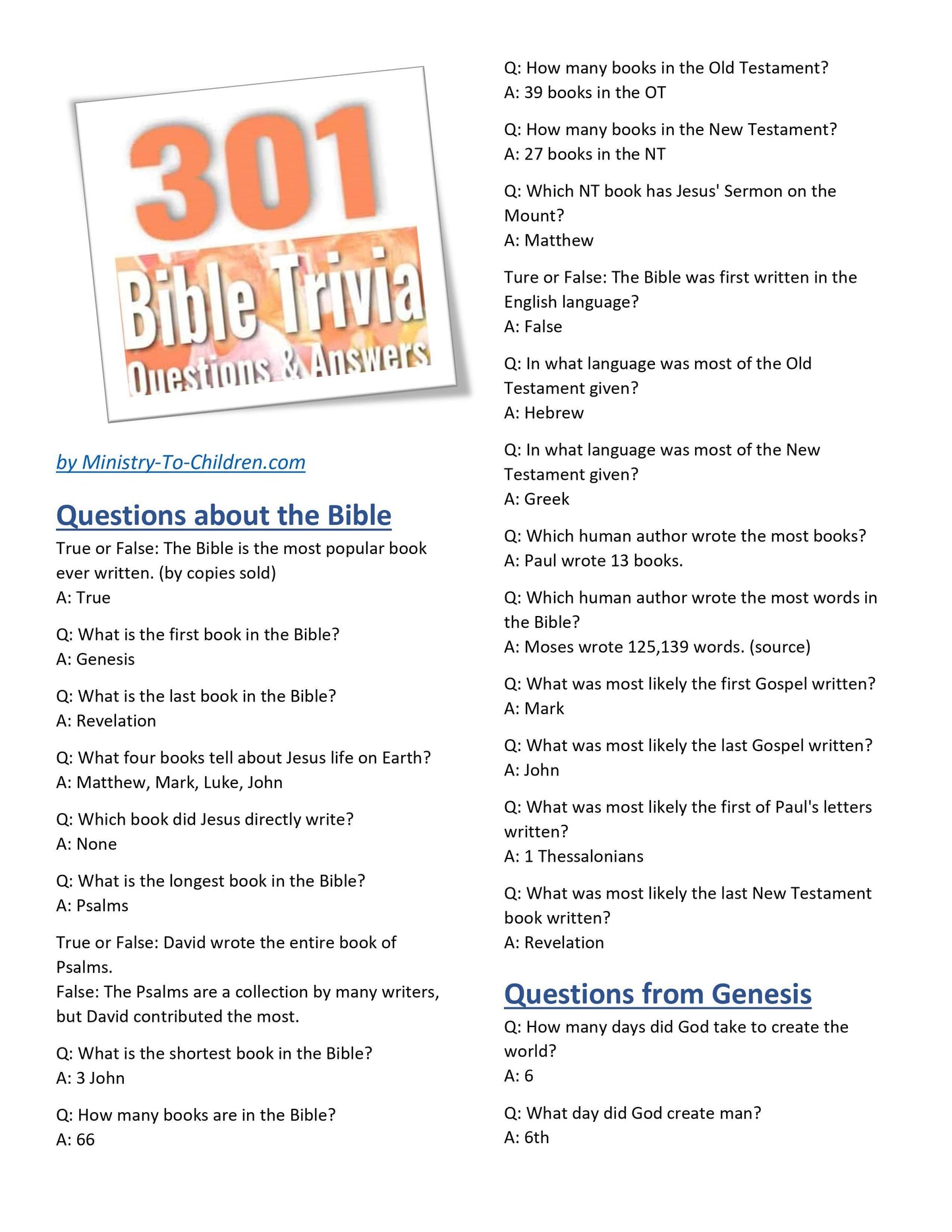 301 Bible Trivia Questions & Answers (free download) - Sunday School Store