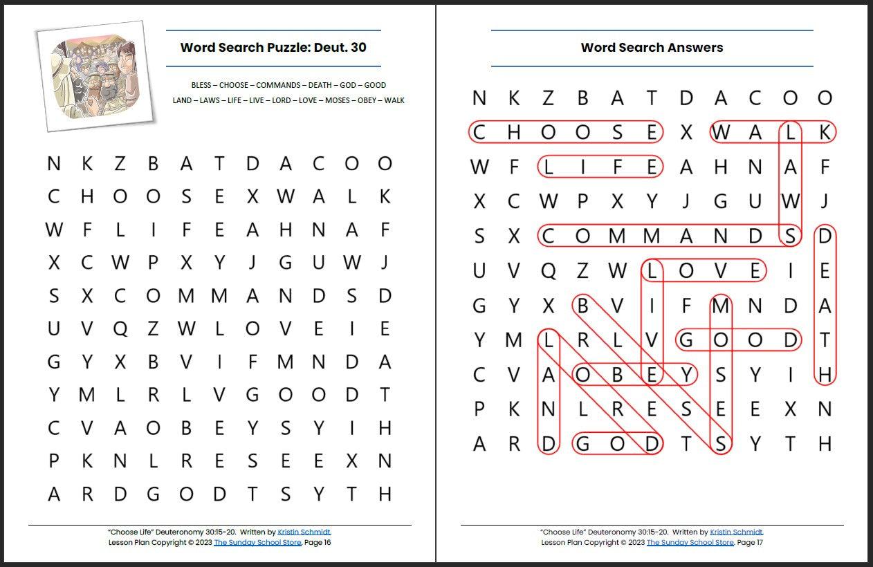 Choose Life (Deuteronomy 30:15-20) Printable Bible Lesson & Sunday School Activities