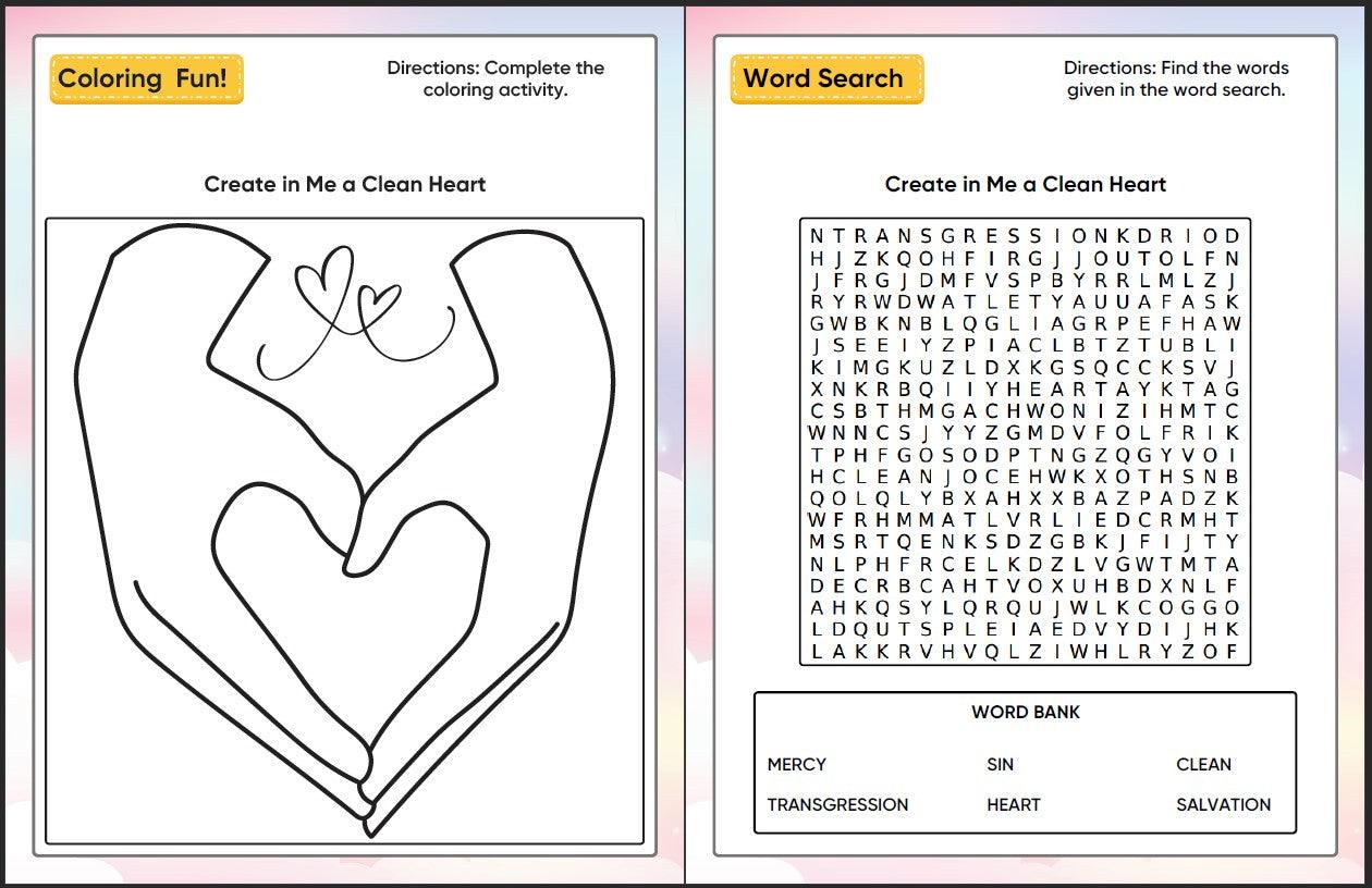 Create in Me a Clean Heart (Psalm 51) Printable Bible Lesson & Sunday School Activities - Sunday School Store