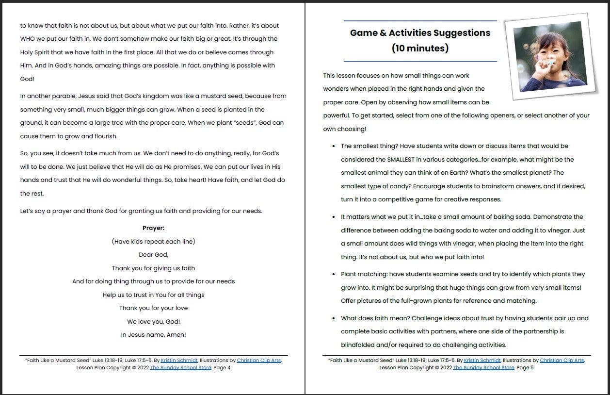 Faith Like a Mustard Seed (Luke 13 & 17) Printable Bible Lesson & Sunday School Activities - Sunday School Store