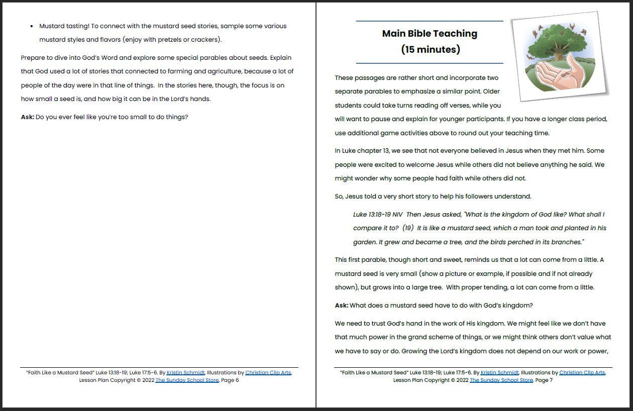 Faith Like a Mustard Seed (Luke 13 & 17) Printable Bible Lesson & Sunday School Activities - Sunday School Store