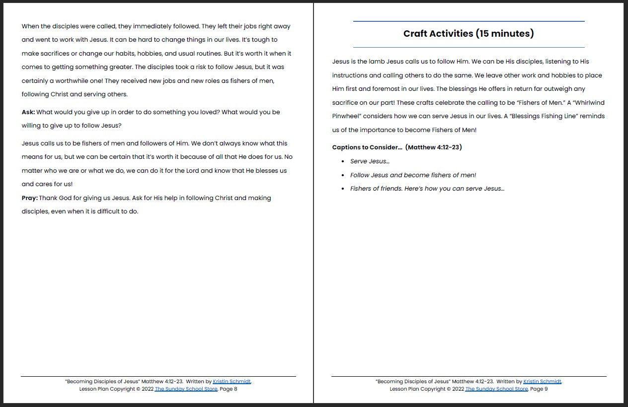 Becoming Disciples of Jesus (Matthew 4:12-23) Printable Bible Lesson & Sunday School Activities