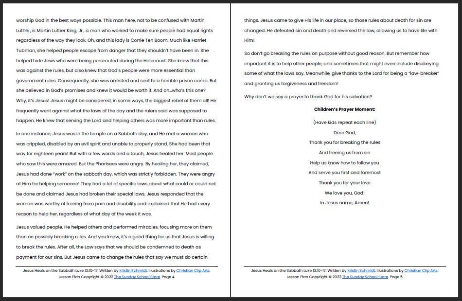 Jesus Heals on the Sabbath (Luke 13:10-17) Printable Bible Lesson & Sunday School Activities - Sunday School Store
