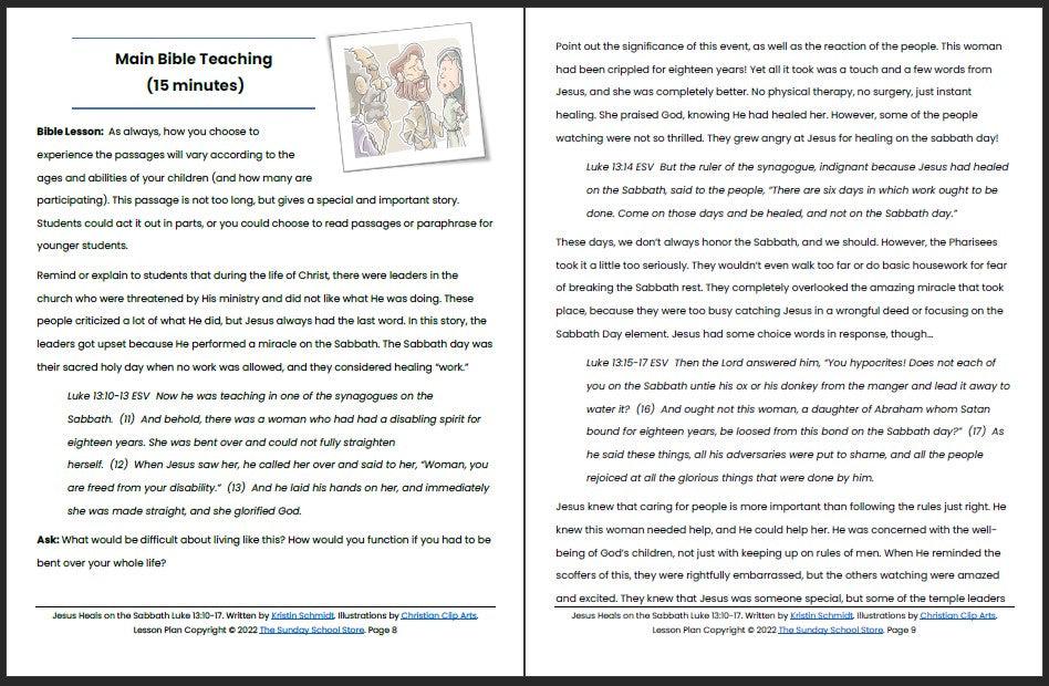 Jesus Heals on the Sabbath (Luke 13:10-17) Printable Bible Lesson & Sunday School Activities - Sunday School Store