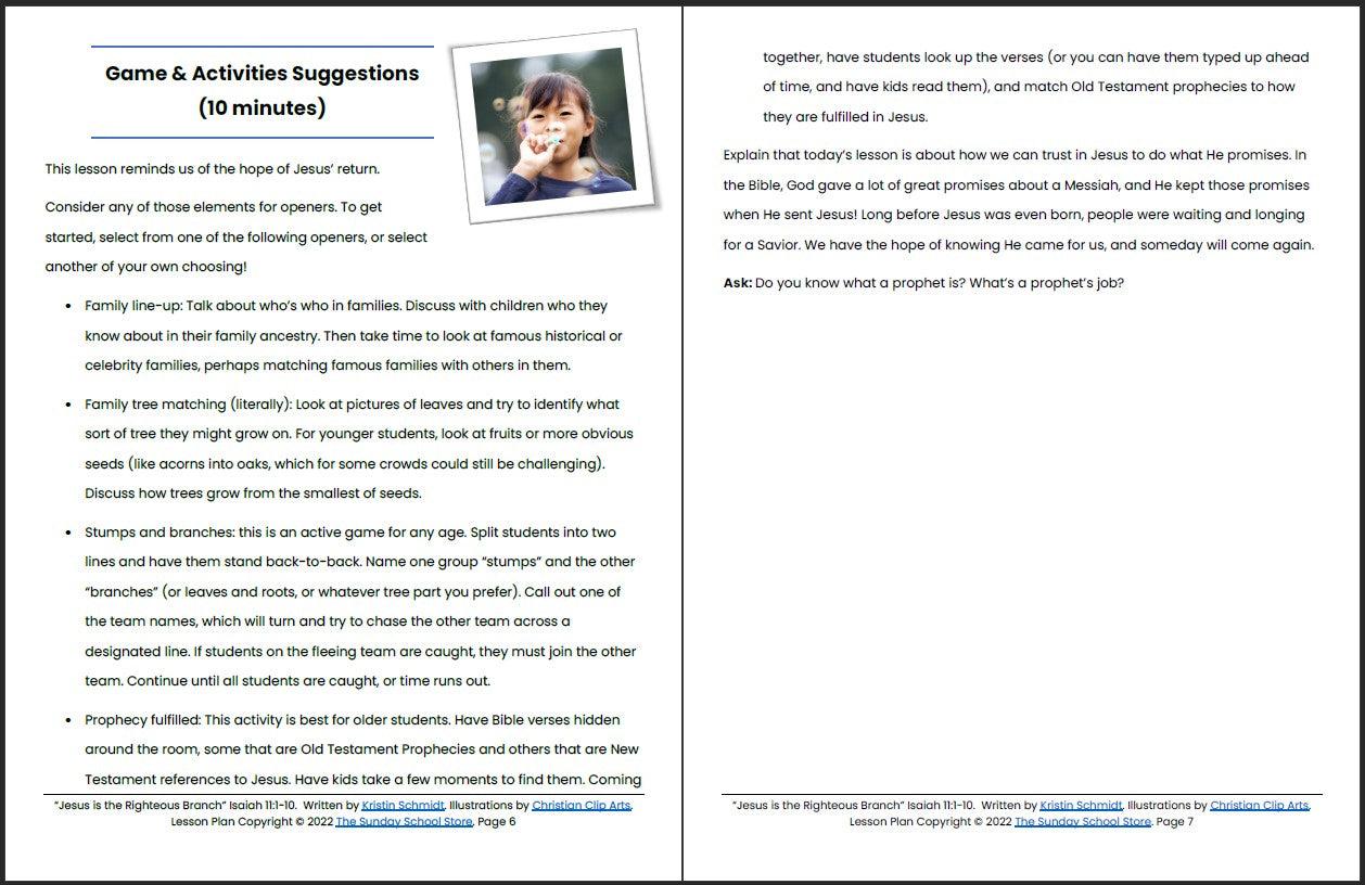 Jesus is the Righteous Branch (Isaiah 11:1-10) Printable Bible Lesson & Sunday School Activities - Sunday School Store
