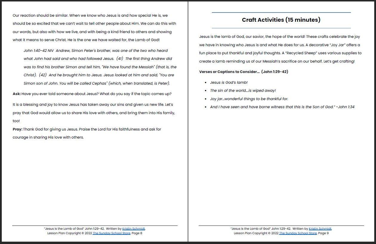 Jesus is the Lamb of God (John 1:29-42) Printable Bible Lesson & Sunday School Activities