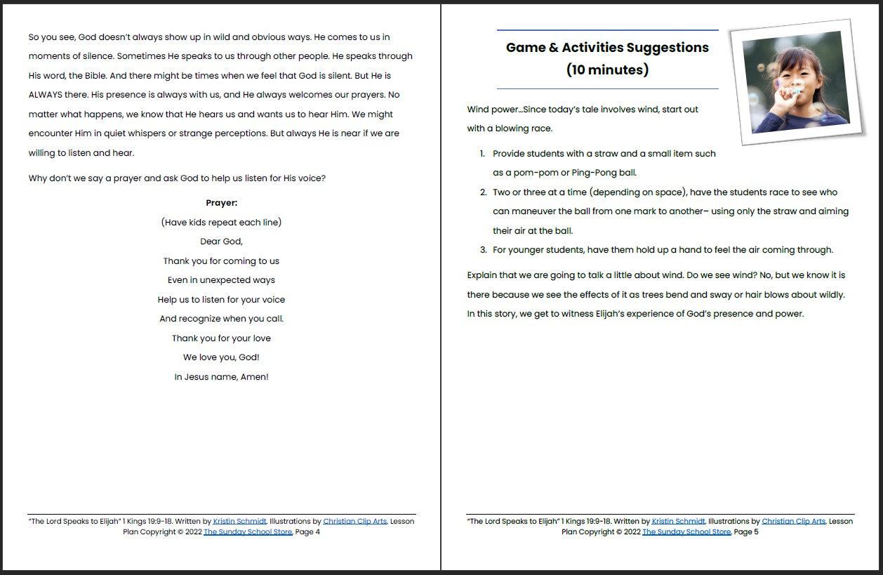 The Lord Speaks to Elijah (1 Kings 19:9-18) Printable Bible Lesson & Sunday School Activities - Sunday School Store