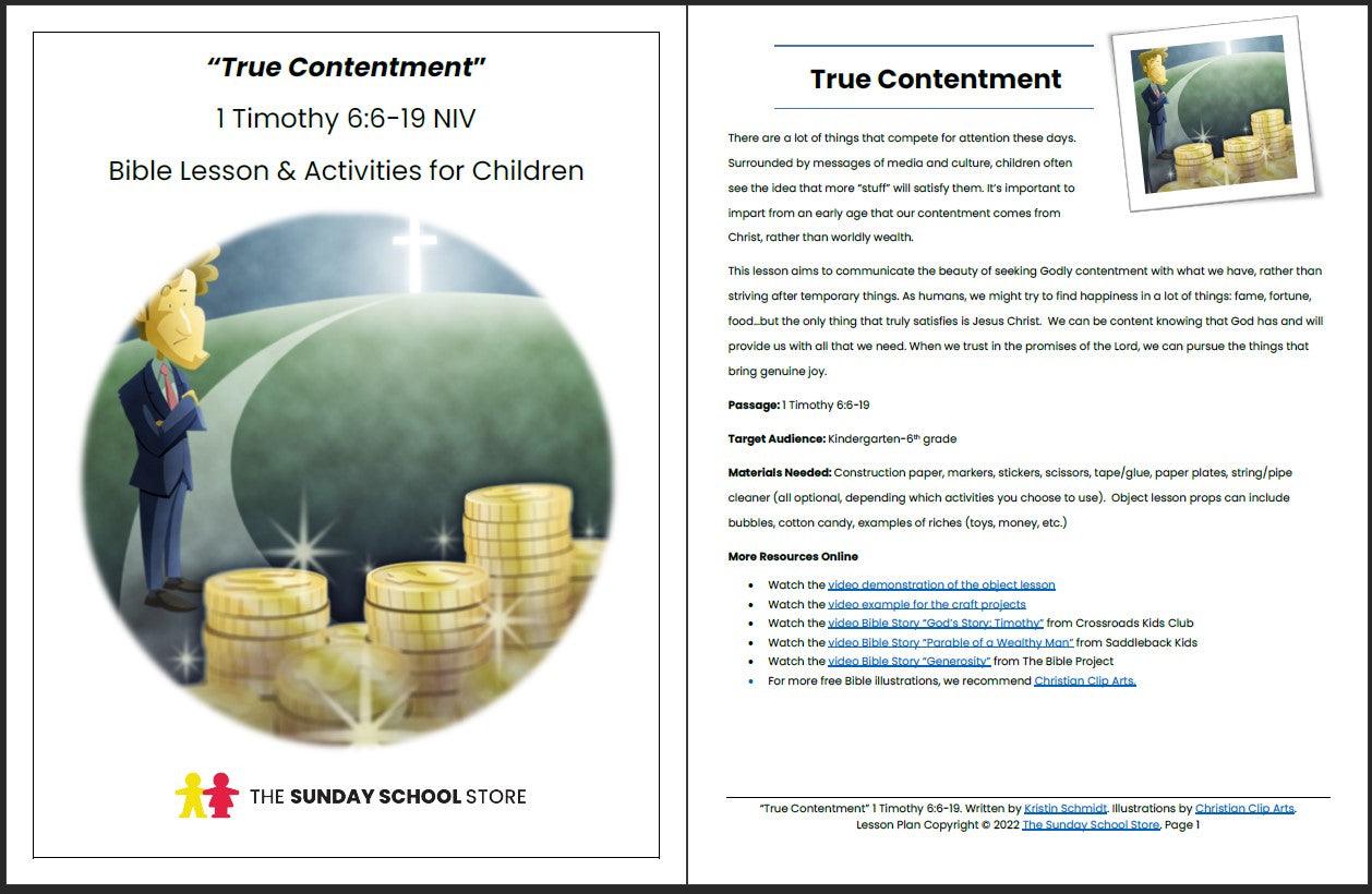 True Contentment Vs. Love of Money (1 Timothy 6:9-19) Printable Bible Lesson & Sunday School Activities - Sunday School Store