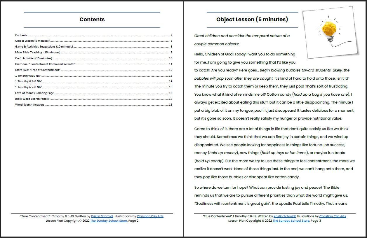 True Contentment Vs. Love of Money (1 Timothy 6:9-19) Printable Bible Lesson & Sunday School Activities - Sunday School Store