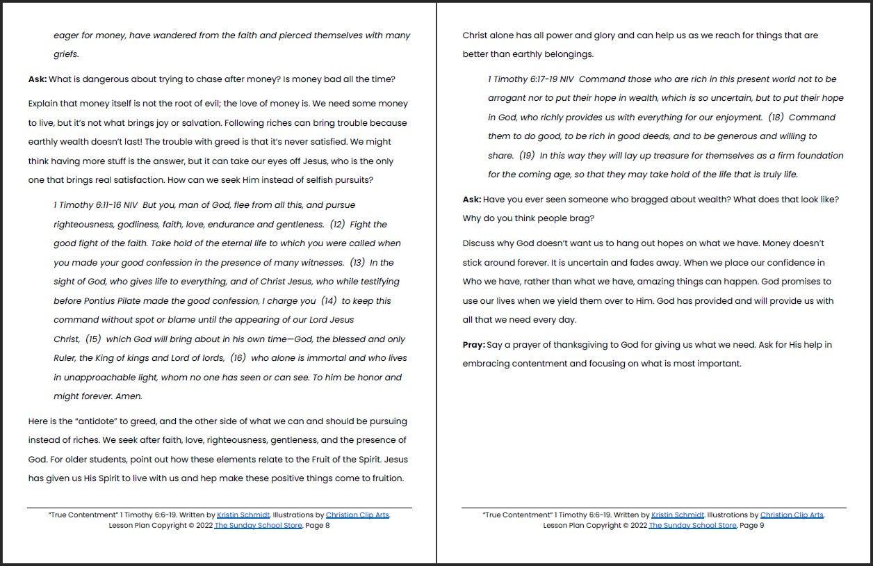 True Contentment Vs. Love of Money (1 Timothy 6:9-19) Printable Bible Lesson & Sunday School Activities - Sunday School Store