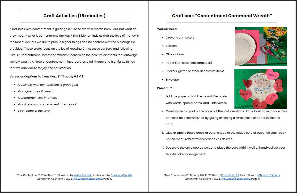 True Contentment Vs. Love of Money (1 Timothy 6:9-19) Printable Bible Lesson & Sunday School Activities - Sunday School Store