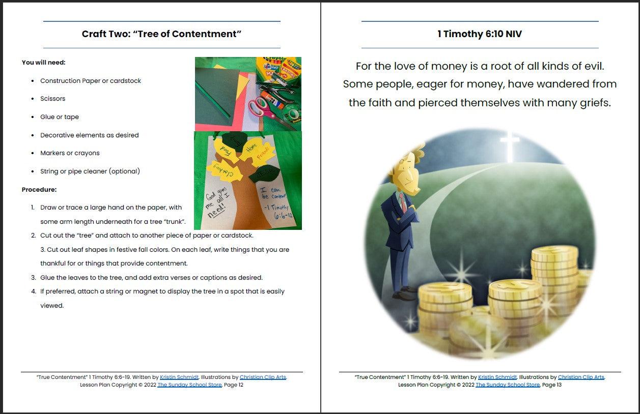 True Contentment Vs. Love of Money (1 Timothy 6:9-19) Printable Bible Lesson & Sunday School Activities - Sunday School Store