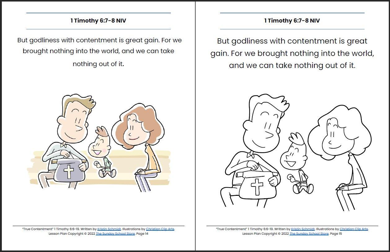 True Contentment Vs. Love of Money (1 Timothy 6:9-19) Printable Bible Lesson & Sunday School Activities - Sunday School Store